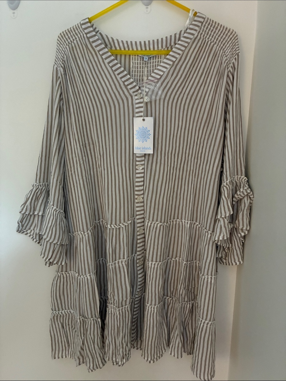 Blue Island Beach Cover Up Dress 2X Plus SZ Khaki White Stripe Ruffle Sleeve NWT